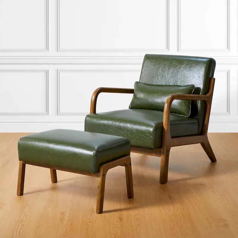 30.75H Mid-Century PU Leather Armchair with Ottoman Set