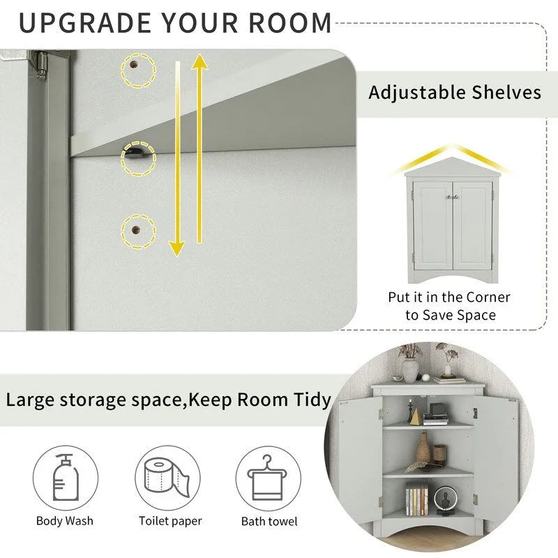 Corner Triangle Bathroom Storage Cabinet with Adjustable Shelves, Freestanding Floor Cabinet, Accent Cabinet for Living Room