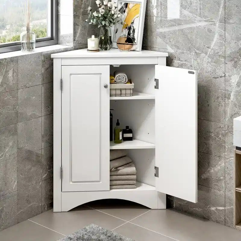 Corner Triangle Bathroom Storage Cabinet with Adjustable Shelves, Freestanding Floor Cabinet, Accent Cabinet for Living Room