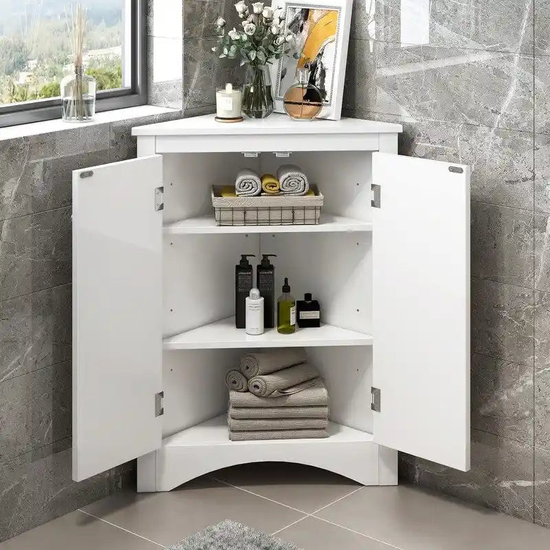 Corner Triangle Bathroom Storage Cabinet with Adjustable Shelves, Freestanding Floor Cabinet, Accent Cabinet for Living Room