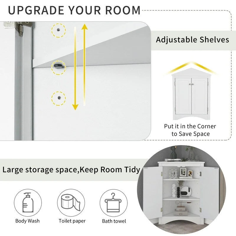 Corner Triangle Bathroom Storage Cabinet with Adjustable Shelves, Freestanding Floor Cabinet, Accent Cabinet for Living Room