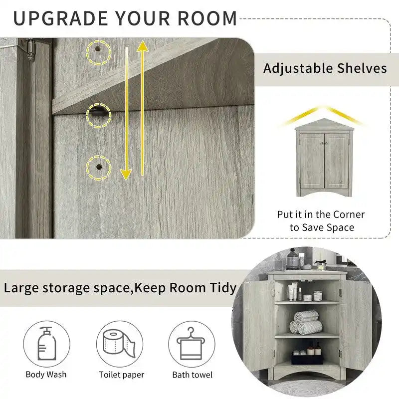 Corner Triangle Bathroom Storage Cabinet with Adjustable Shelves, Freestanding Floor Cabinet, Accent Cabinet for Living Room