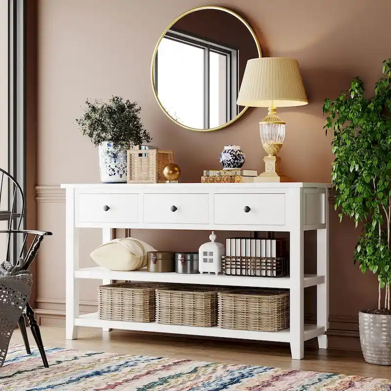 Pine Solid Wood Console Table with Two Open Shelves