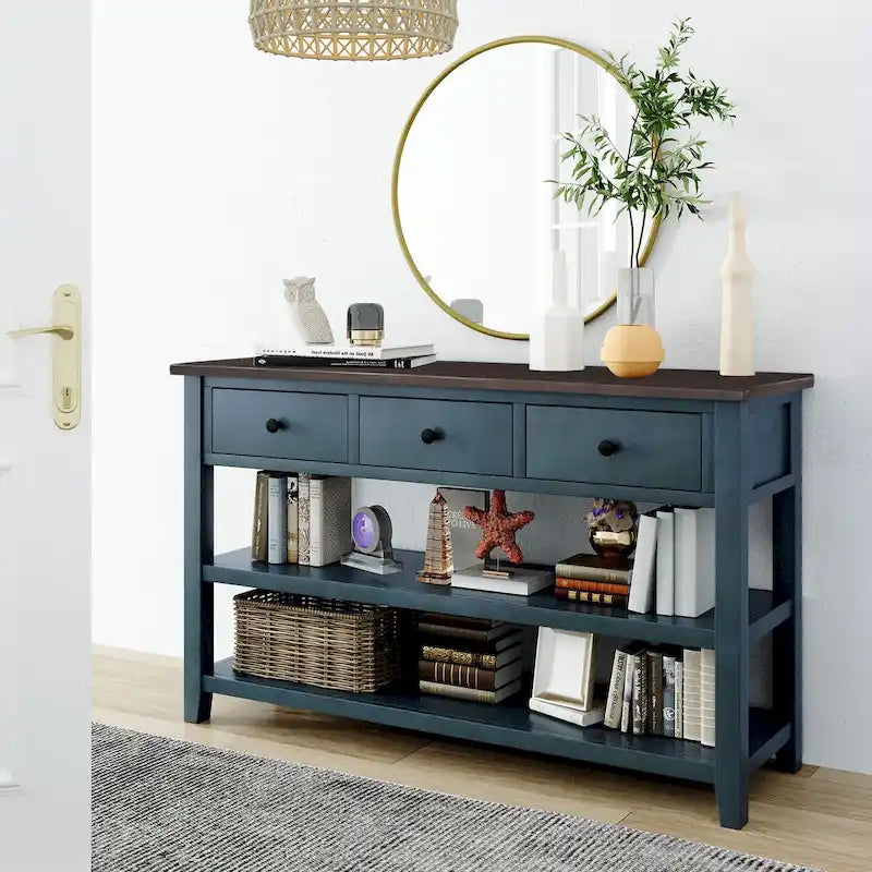 Pine Solid Wood Console Table with Two Open Shelves