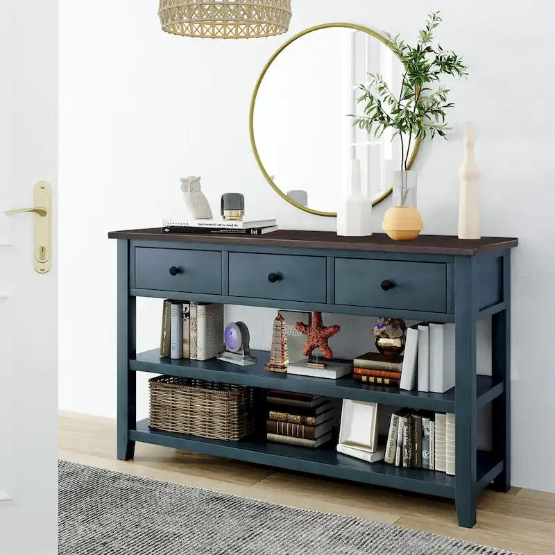 Pine Solid Wood Console Table with Two Open Shelves