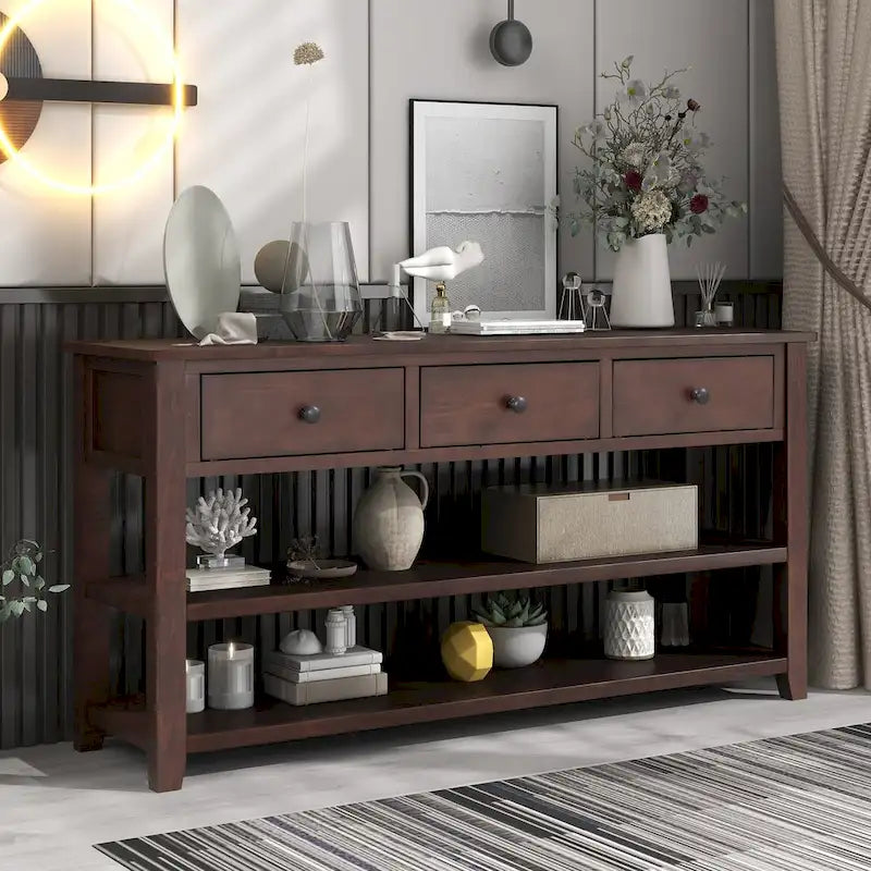 Pine Solid Wood Console Table with Two Open Shelves