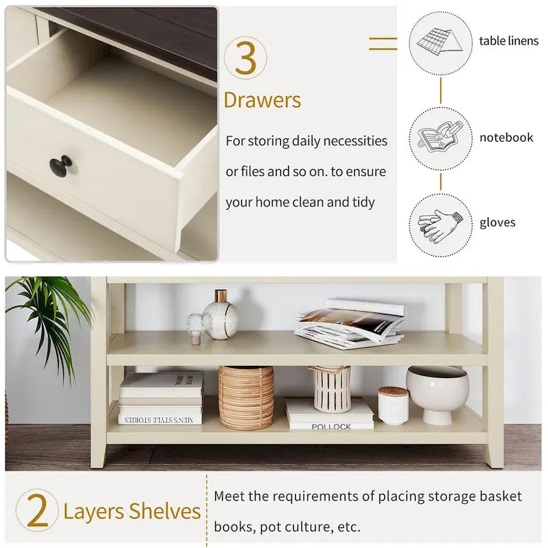 Pine Solid Wood Console Table with Two Open Shelves