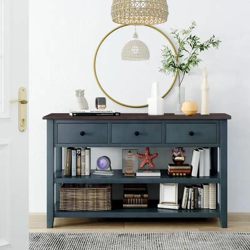Pine Solid Wood Console Table with Two Open Shelves