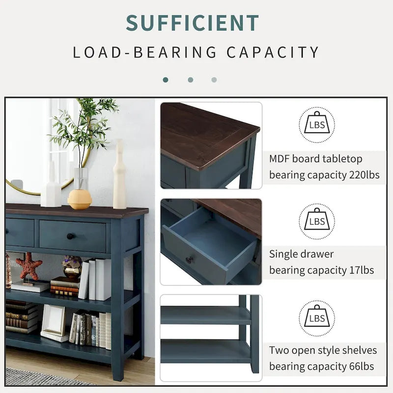 Pine Solid Wood Console Table with Two Open Shelves