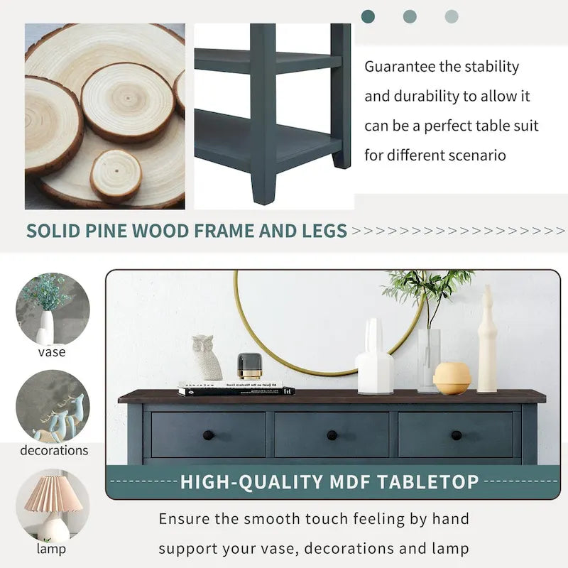 Pine Solid Wood Console Table with Two Open Shelves
