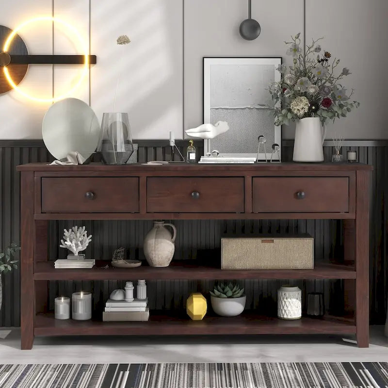 Pine Solid Wood Console Table with Two Open Shelves