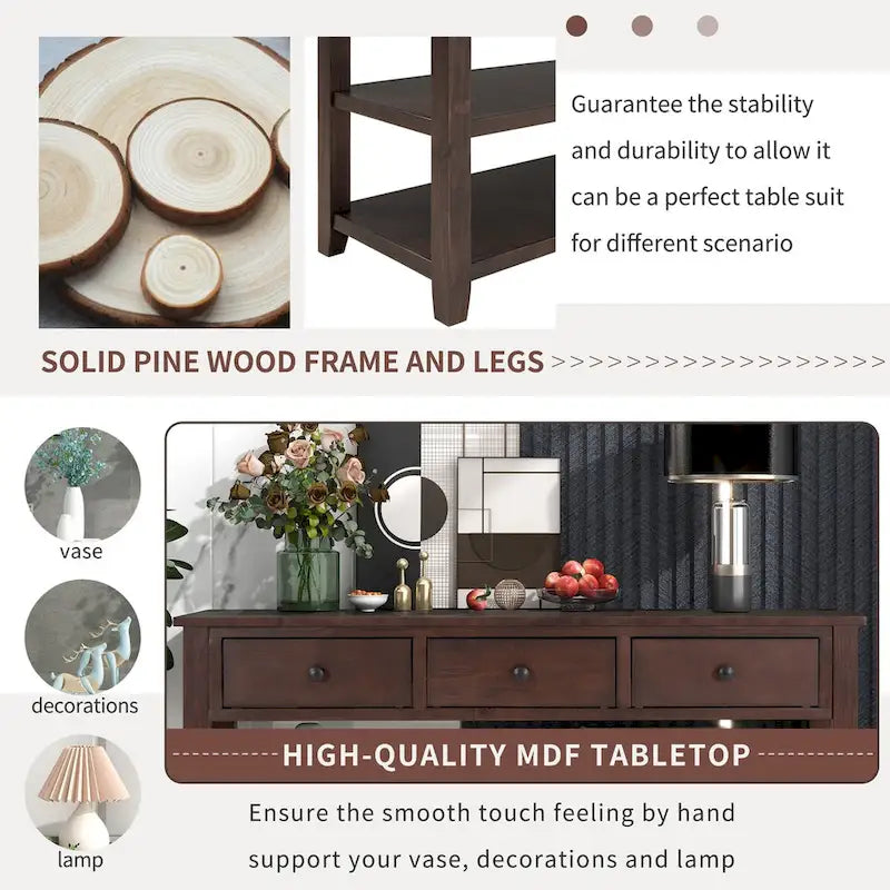 Pine Solid Wood Console Table with Two Open Shelves