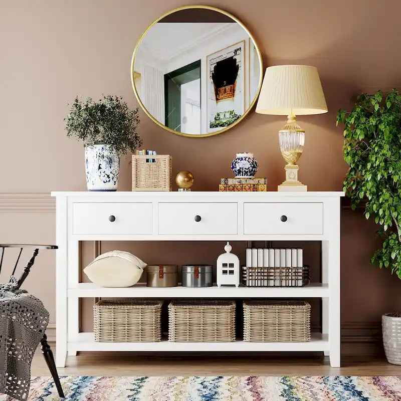 Pine Solid Wood Console Table with Two Open Shelves