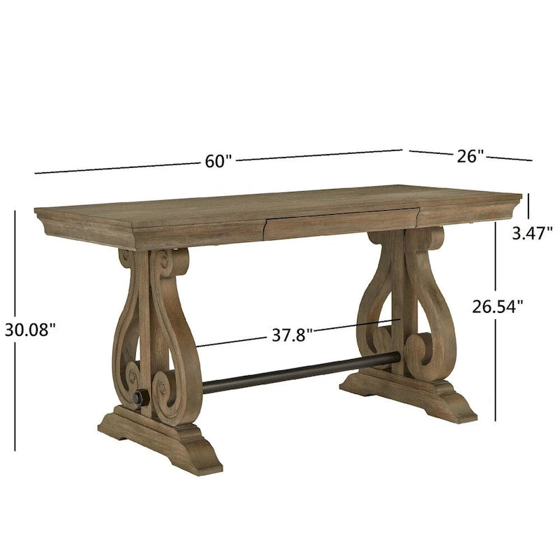 Brown Wire Brushed Oak 1-Drawer Writing Desk for 1 Person
