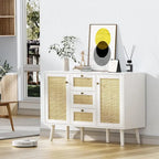 Mid-Century Modern 47.2 W 2-Door White Buffet/Sideboard Rattan Storage Accent Cabinet with Drawers