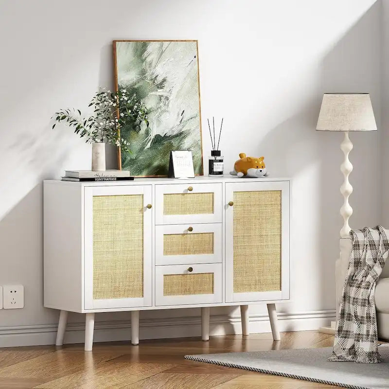 Mid-Century Modern 47.2 W 2-Door White Buffet/Sideboard Rattan Storage Accent Cabinet with Drawers
