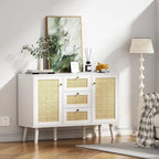 Mid-Century Modern 47.2 W 2-Door White Buffet/Sideboard Rattan Storage Accent Cabinet with Drawers