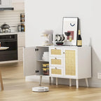 Mid-Century Modern 47.2 W 2-Door White Buffet/Sideboard Rattan Storage Accent Cabinet with Drawers