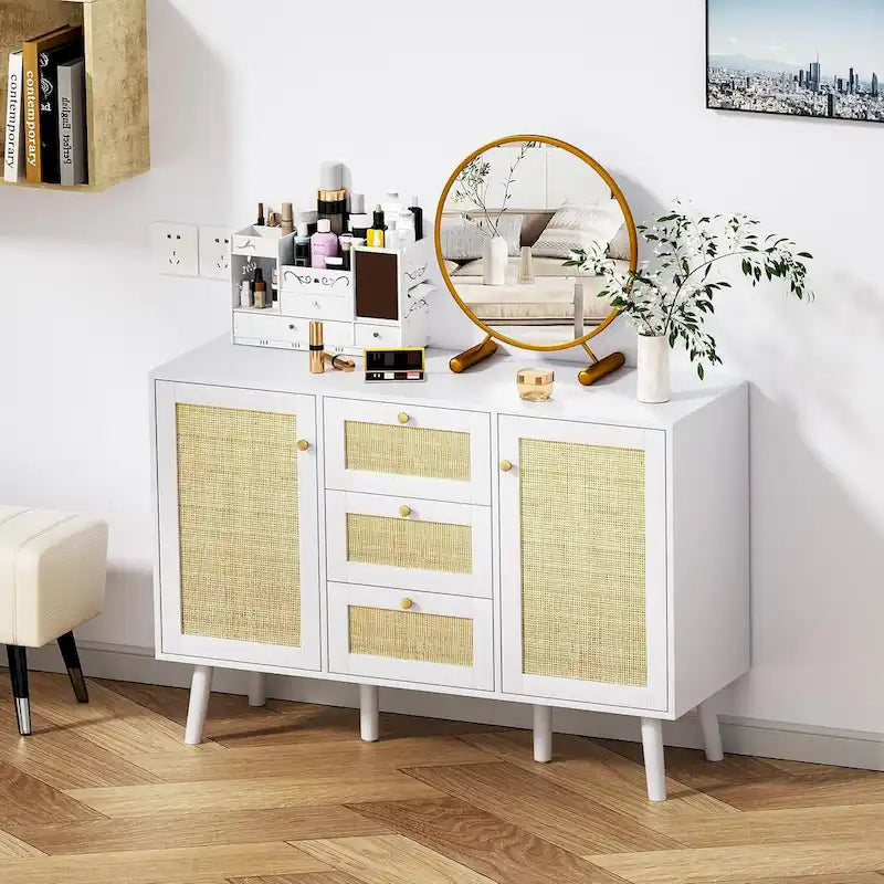 Mid-Century Modern 47.2 W 2-Door White Buffet/Sideboard Rattan Storage Accent Cabinet with Drawers