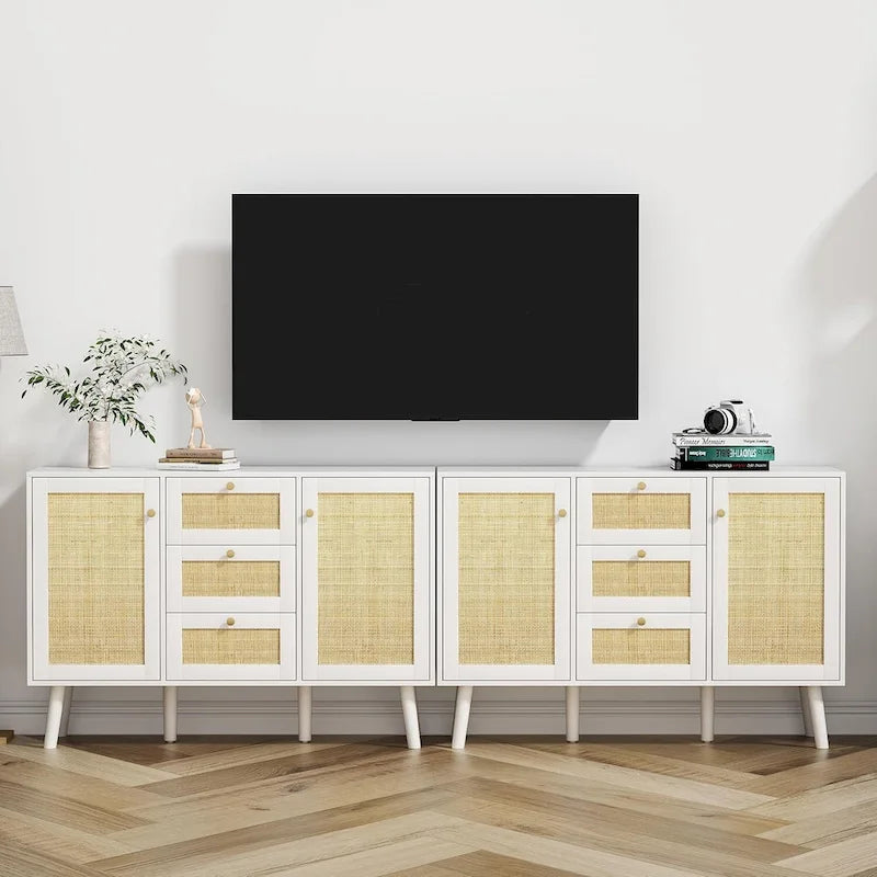 Mid-Century Modern 47.2 W 2-Door White Buffet/Sideboard Rattan Storage Accent Cabinet with Drawers