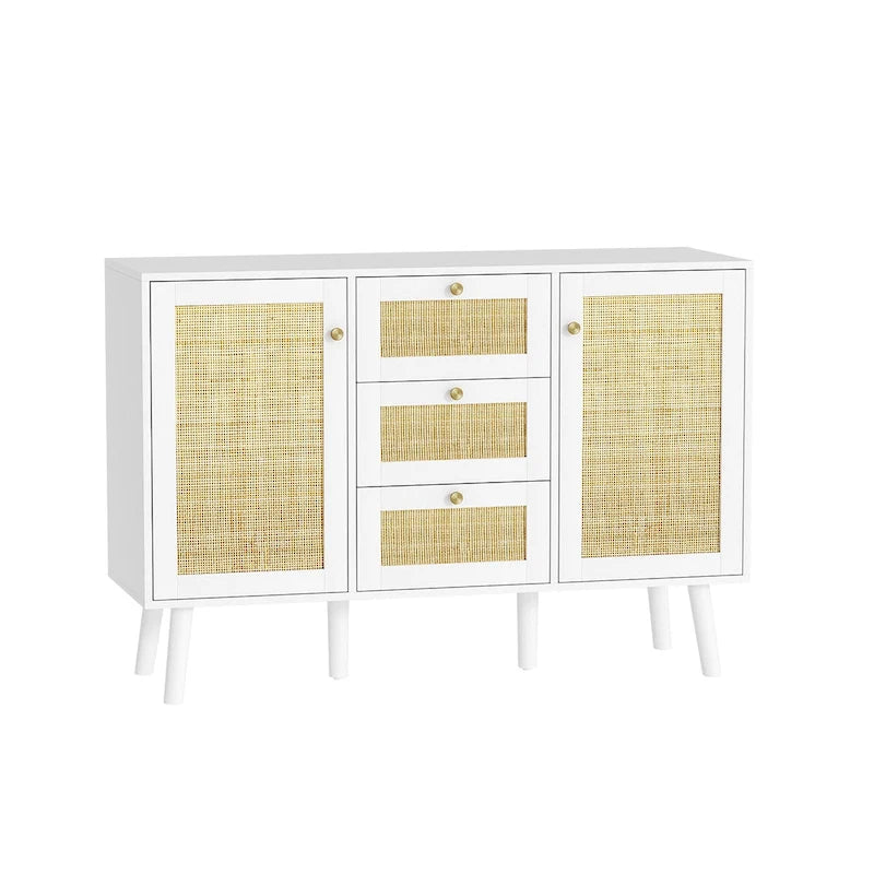 Mid-Century Modern 47.2 W 2-Door White Buffet/Sideboard Rattan Storage Accent Cabinet with Drawers