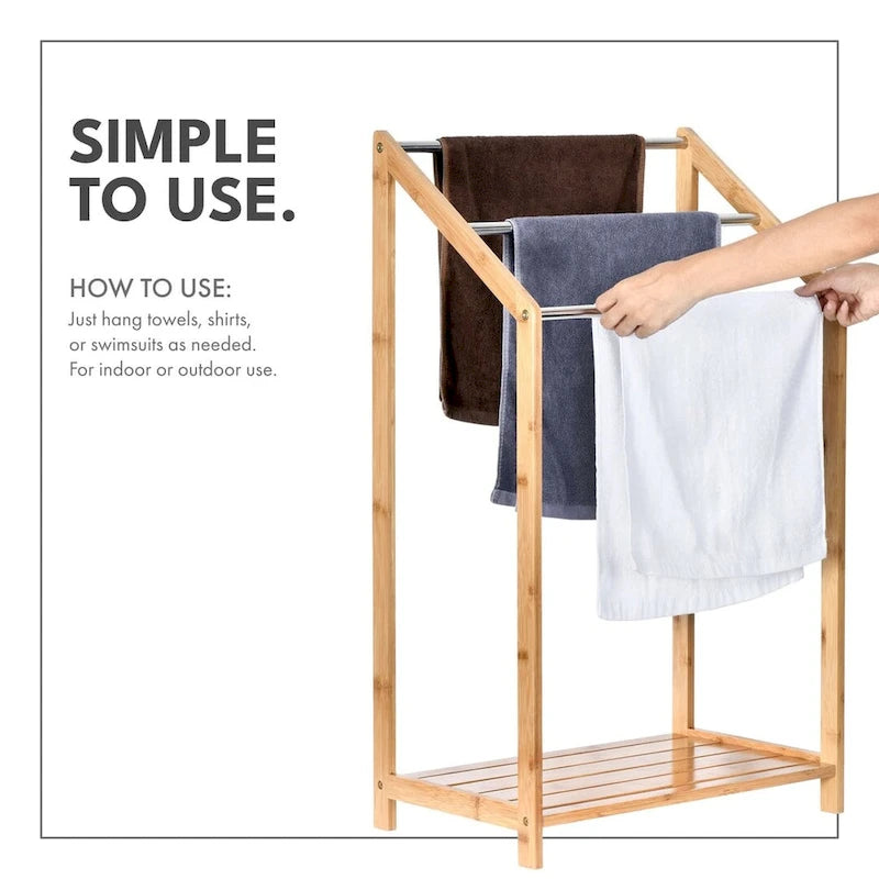 Bamboo Towel Rack Holder for Bathrooms (3 Tier) - Freestanding Beach Towel Stand with Towel Organizer
