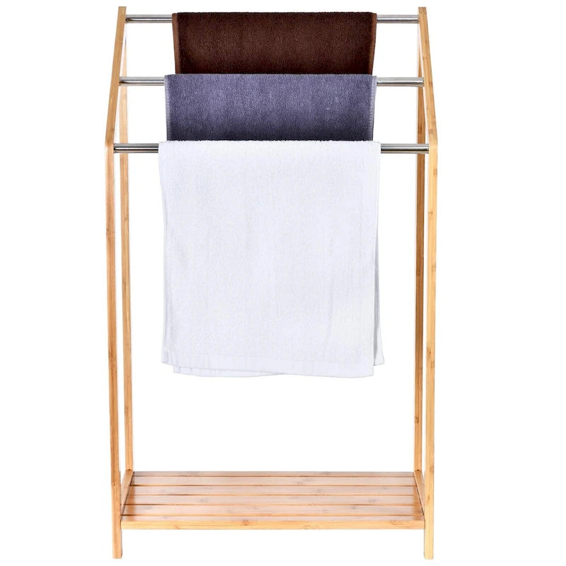 Bamboo Towel Rack Holder for Bathrooms (3 Tier) - Freestanding Beach Towel Stand with Towel Organizer