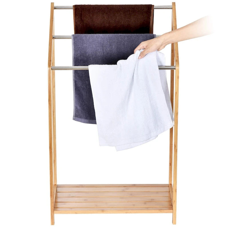 Bamboo Towel Rack Holder for Bathrooms (3 Tier) - Freestanding Beach Towel Stand with Towel Organizer