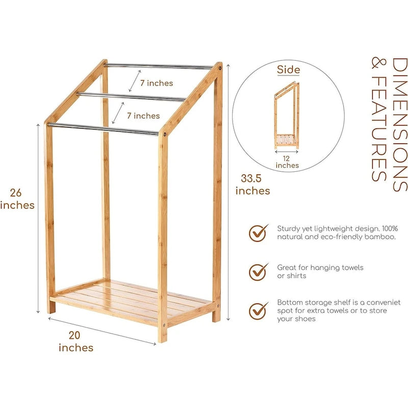 Bamboo Towel Rack Holder for Bathrooms (3 Tier) - Freestanding Beach Towel Stand with Towel Organizer