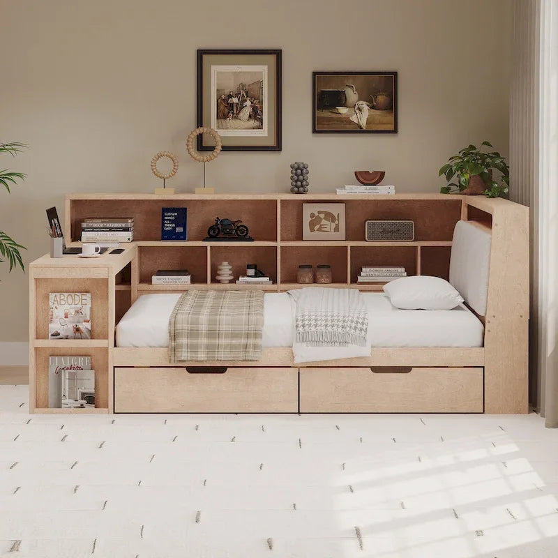 Canapé-lit d'angle en bois en forme de L avec bureau, bibliothèque, lit d'angle avec tiroirs de rangement, tête de lit rembourrée et éclairage intégré